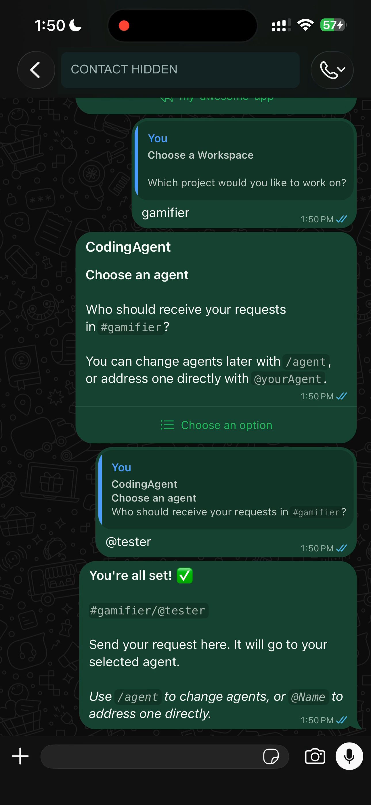 Elige tu Workspace y tu agente en WhatsApp.